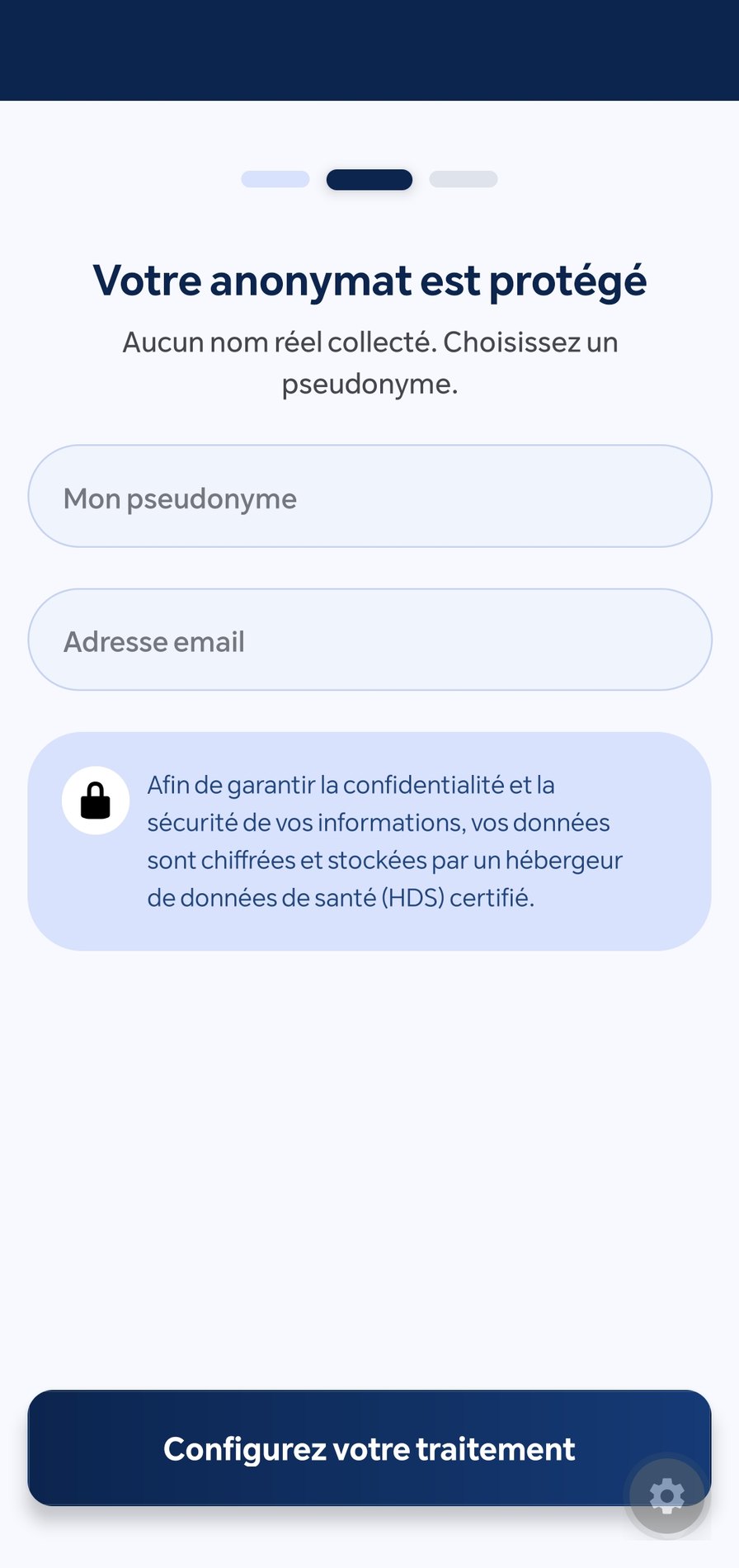 Écran de création de compte anonyme avec pseudonyme