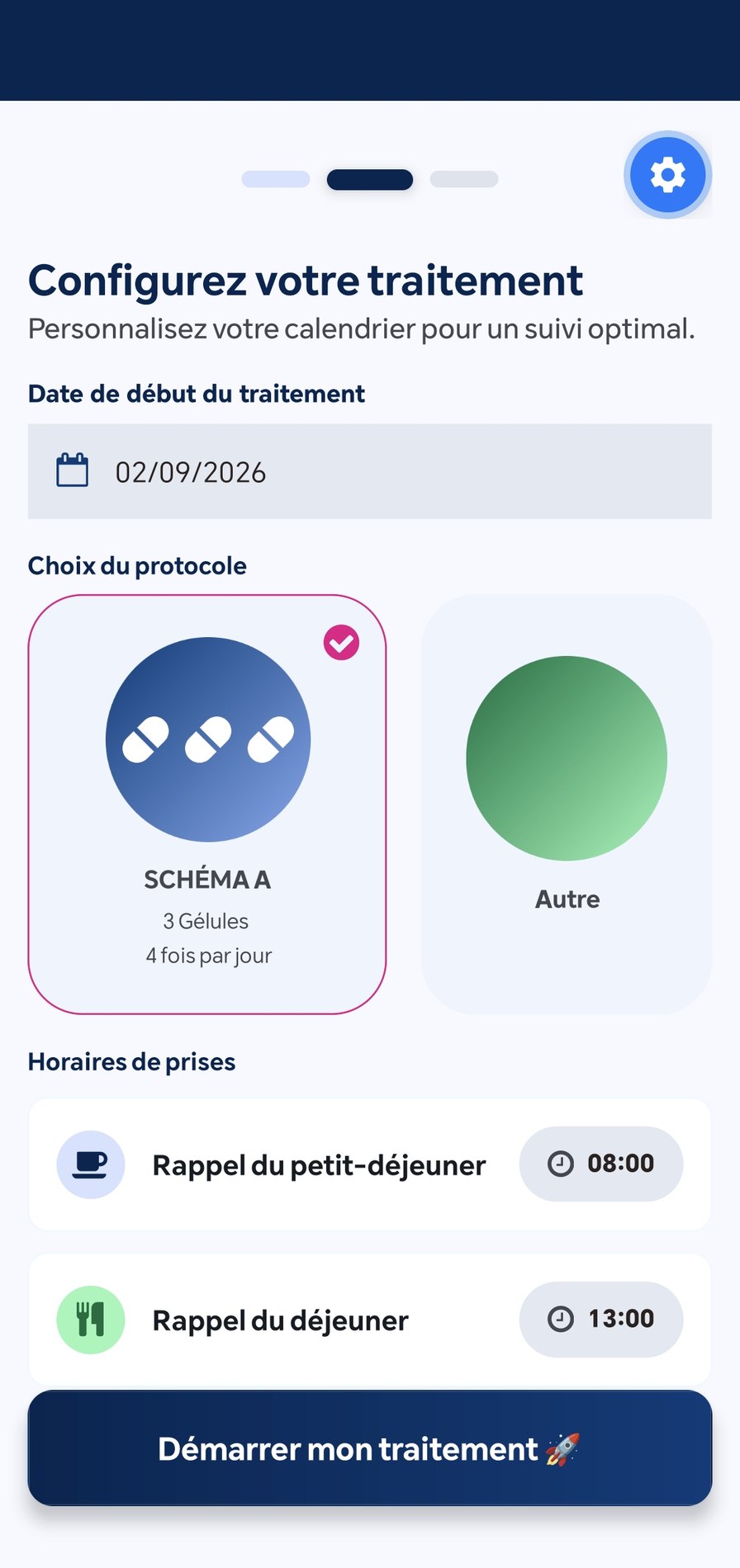 Écran de configuration du traitement avec choix du protocole et horaires de prises