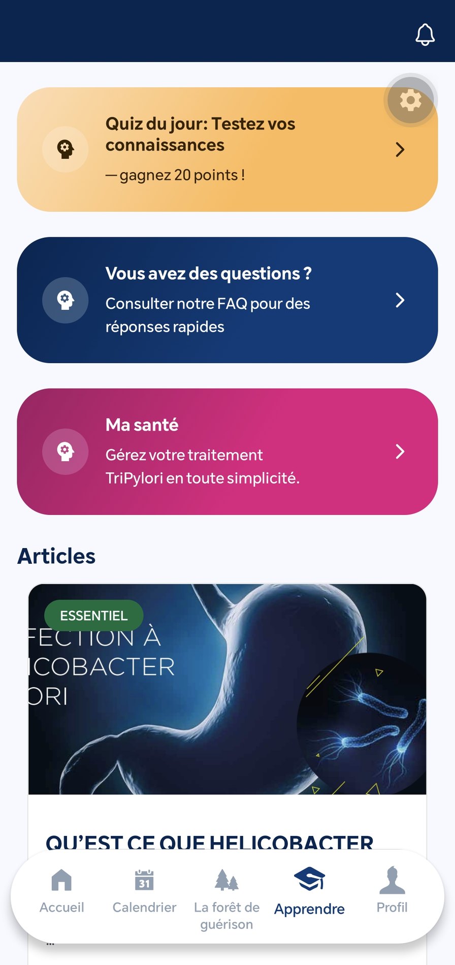 Onglet Apprendre avec quiz, FAQ et articles éducatifs