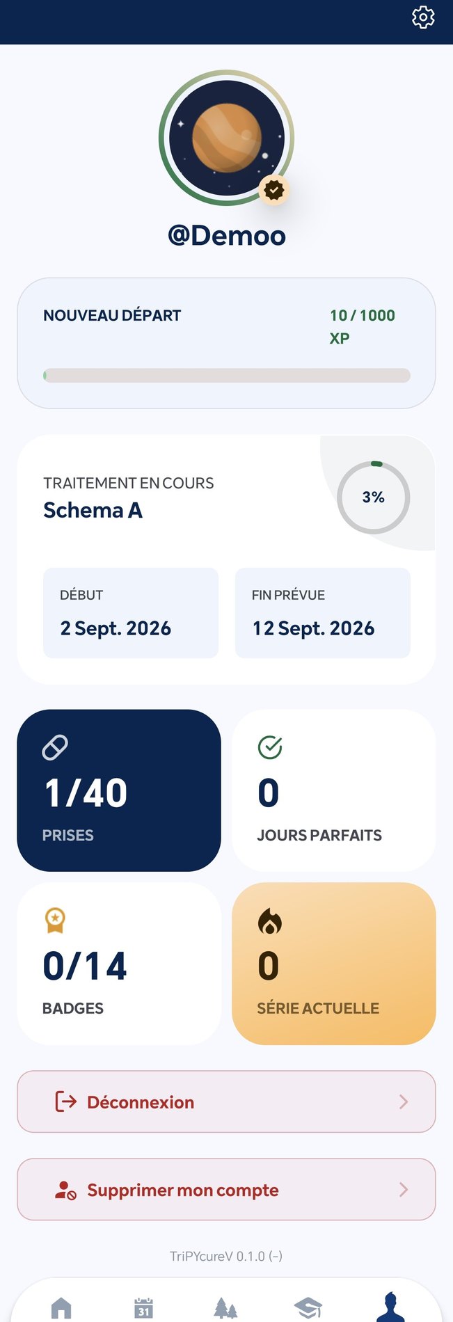 Profil patient avec statistiques et badges