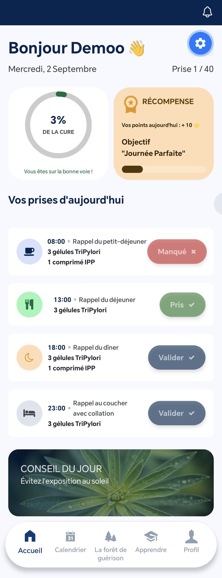 Écran d'accueil listant les quatre prises du jour à valider